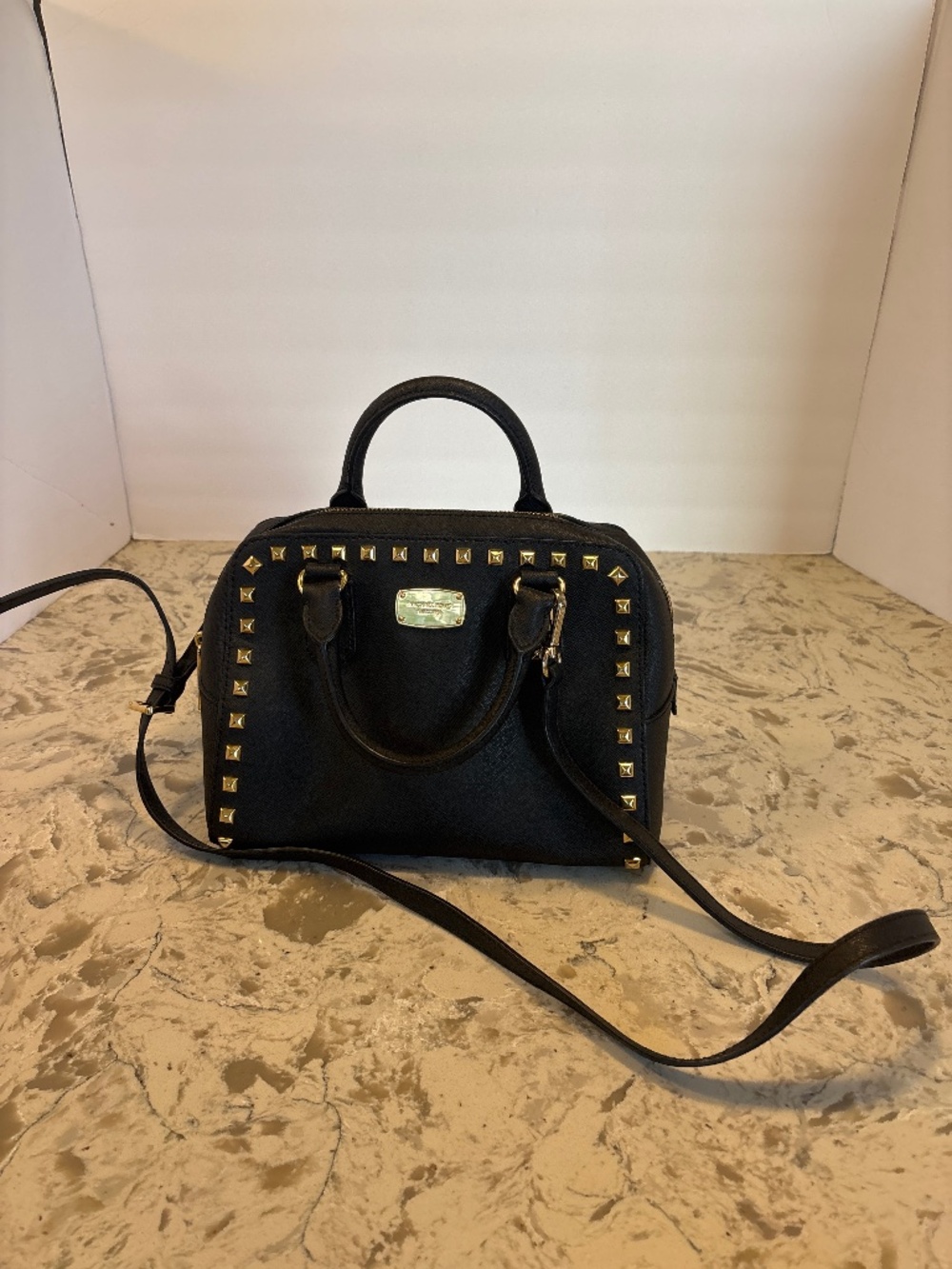 Michael Kors Black Saffiano Leather Gold Studded Satchel Crossbody Handbag